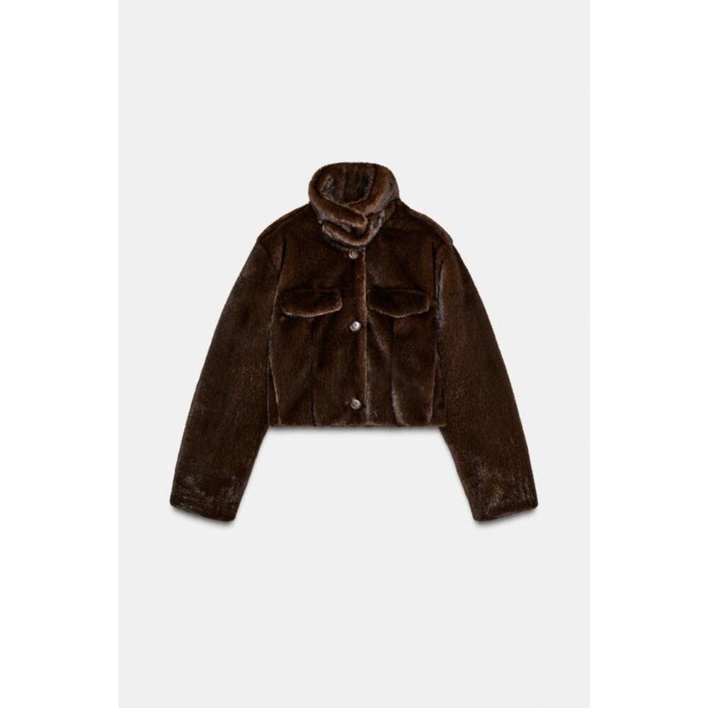 Women's Dark Brown Faux Fur Cropped Jacket